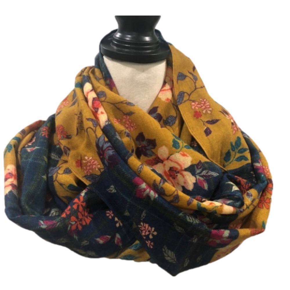 Anthropologie Vismaya wool silk infinity scarf navy mustard yellow floral patch